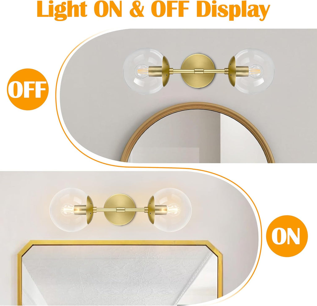 KoKo&Yukina 2 Pack Mid Century Modern Bathroom Vanity Light Brushed Gold Vanity Lighting Fixtures Modern Wall Sconce 2-Lights Globe Vanity Light with Clear Glass Shade for Bathroom(Bulb Incl)