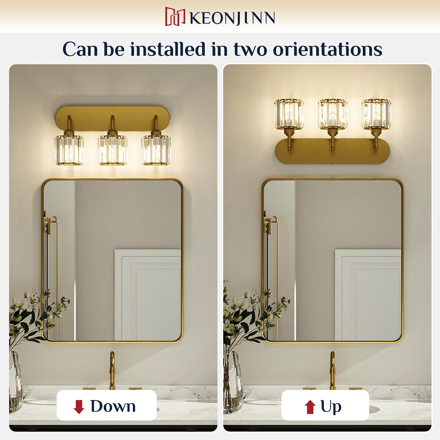 Keonjinn 4-Light Bathroom Light Fixtures, Crystal Gold Bathroom Vanity Lights Over Mirror, Vanity Lighting Fixtures with Crystal Square Shades (E26 Socket, Exclude Bulb)