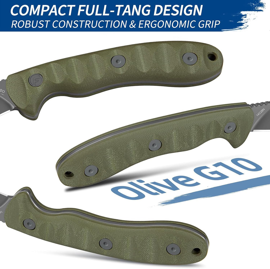 FINTISO Nazar Fixed Blade Knife with Kydex Sheath, 4.24' 14C28N Blade Olive G10 Handles, Titanium-coated, Full Tang Design, Lanyard, for Men Outdoor Activities, Camping, Hiking, EDC Carry.