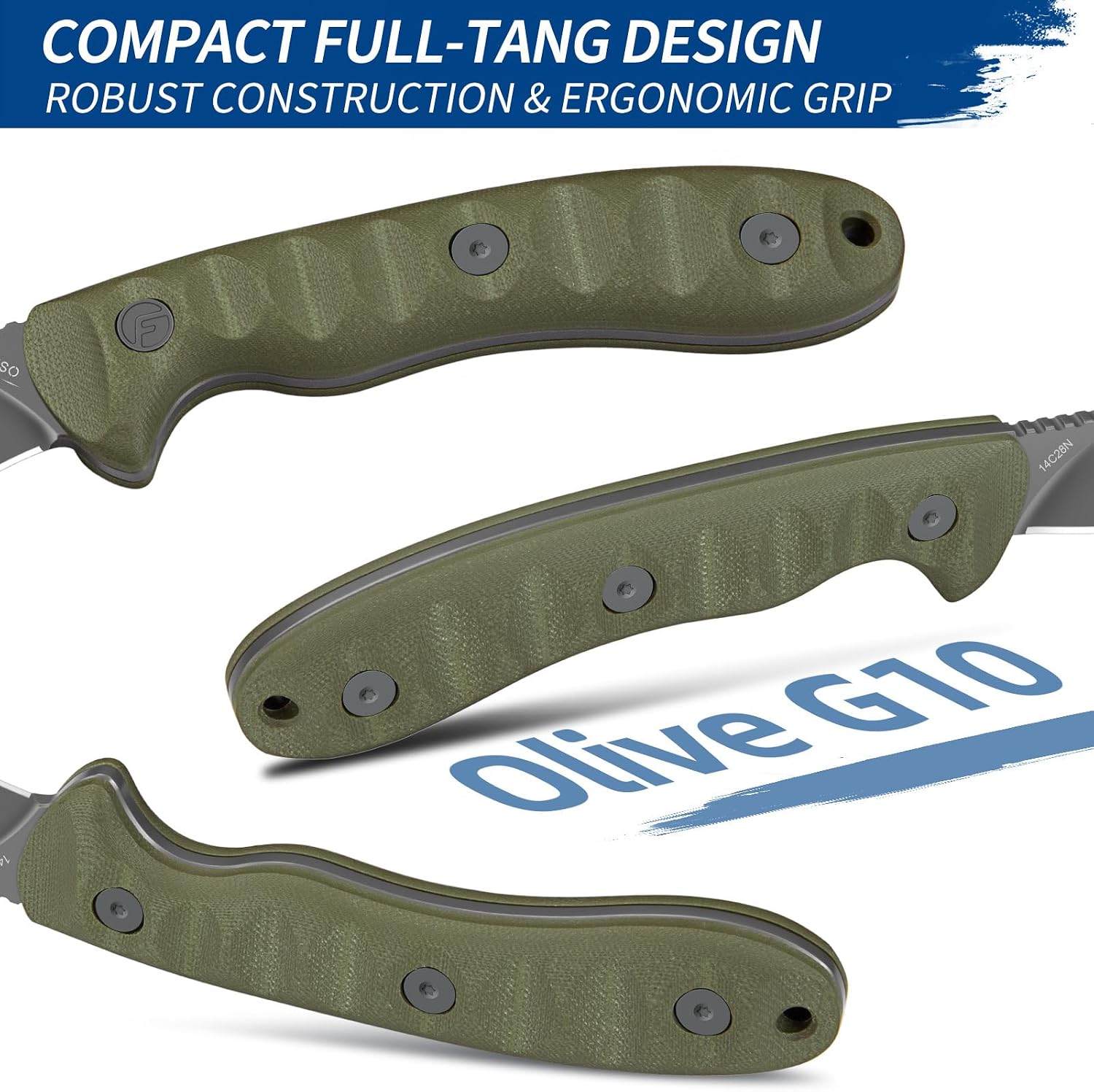 FINTISO Nazar Fixed Blade Knife with Kydex Sheath, 4.24' 14C28N Blade Olive G10 Handles, Titanium-coated, Full Tang Design, Lanyard, for Men Outdoor Activities, Camping, Hiking, EDC Carry.