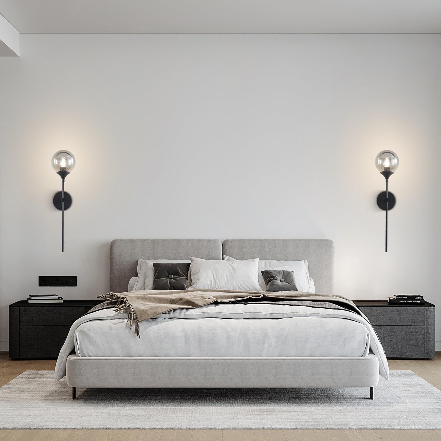 KCO Lighting 1-Light Matte Black Mid Century Wall Sconce Set of Two Modern Bathroom Vanity Globe Wall Light Set of 2 Vintage Smoke Gray Glass Wall Bedroom Wall Lamp