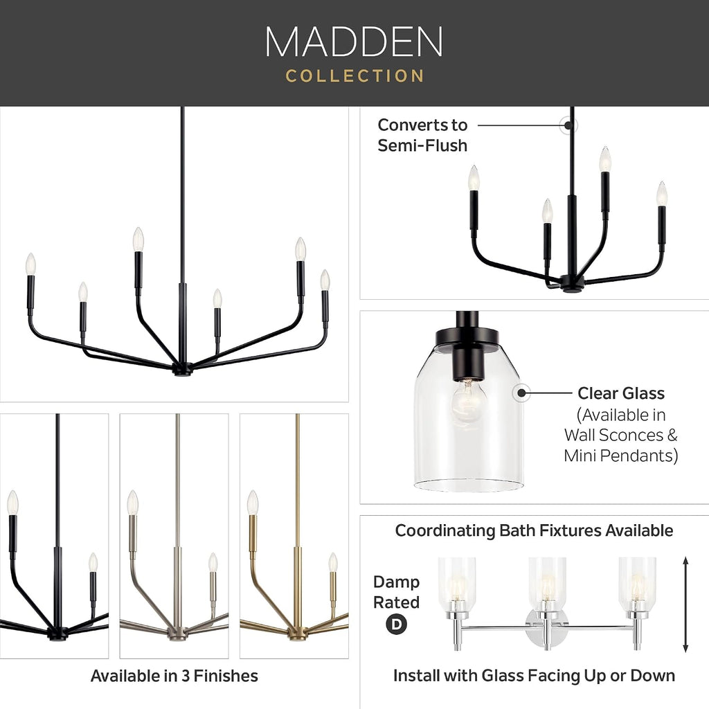 Kichler Madden 3-Light Bathroom Vanity Light Fixture with Clear Glass in Brushed Nickel, Modern Wall Mount for Mirror Lighting Over Vanity (10.5 in x 24 in), 55185NI