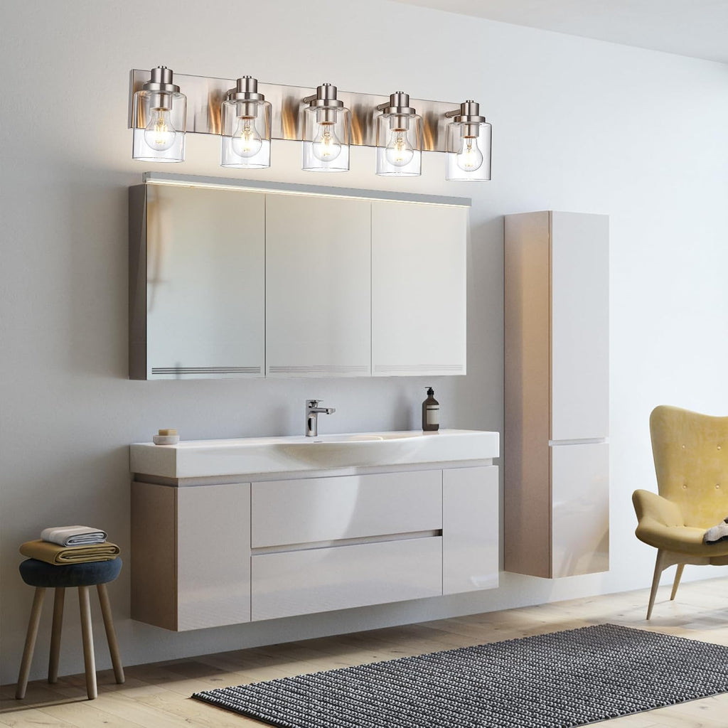 5 Light Brushed Nickel Vanity Lights Bathroom Lighting Fixtures Over Mirror, Modern Bathroom Lights with Clear Glass Shade, Farmhouse Vanity Wall Sconces Lighting for Bedroom Living Room