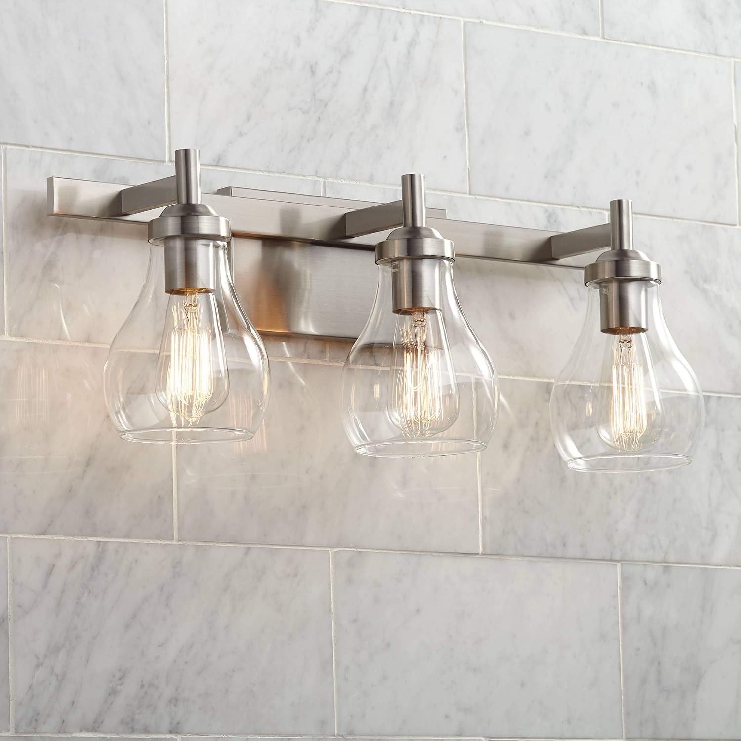 Possini Euro Design Danvers Modern Wall Mount Light Brushed Nickel Silver Hardwired 21' Wide 3-Light Fixture Clear Glass Globe Shade for Bathroom Vanity Mirror House Home Room Decor