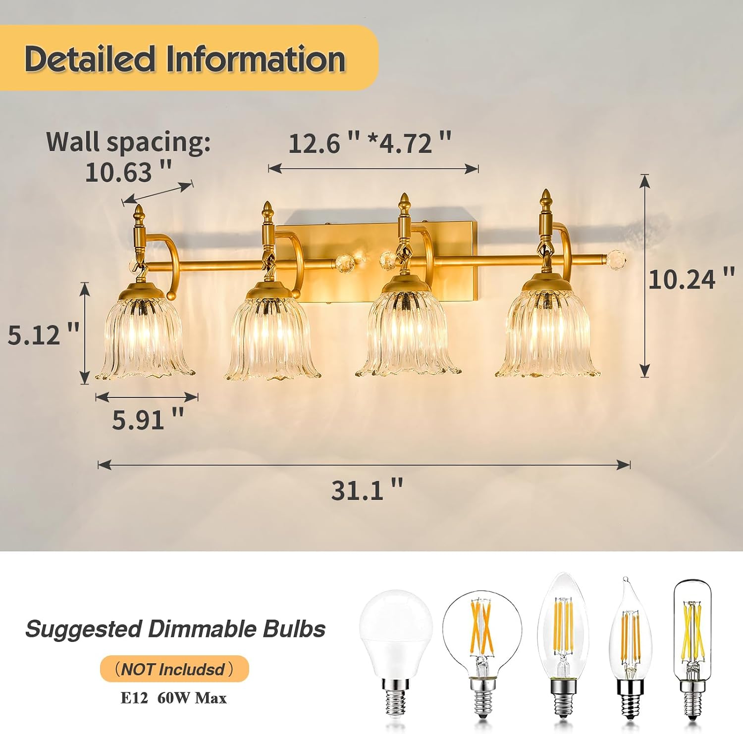 CVKASH 4-Light Bathroom Vanity Light Fixtures Over Mirror,Brushed Gold Modern Vanity Lights with Glass Shade Vintage Wall Sconce for Bedroom Dressing Room Living Room Hallway Cabinet