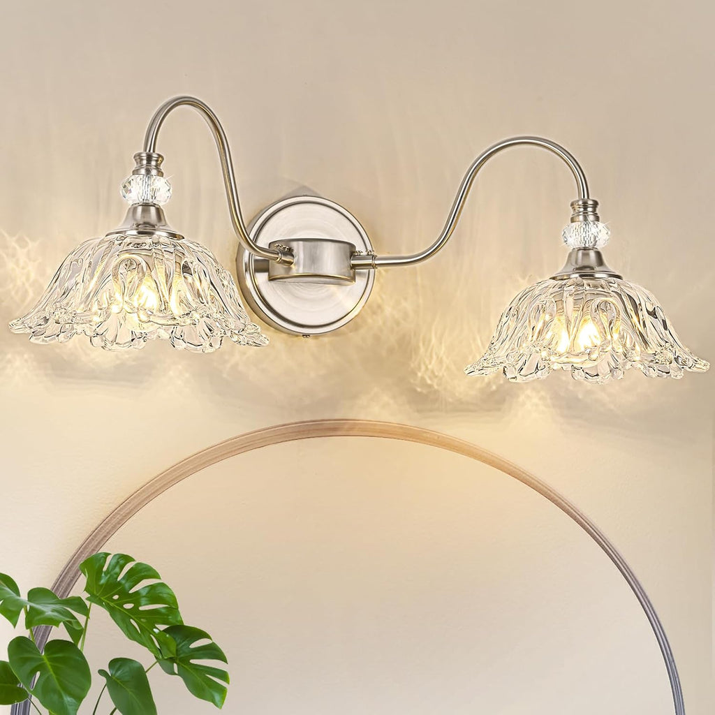 Brushed Nickel Bathroom Vanity Light, 2-Light Vanity Light with Floral Clear Glass Shades, Nickel Wall Mount Lighting for Bathroom, Dressing Table