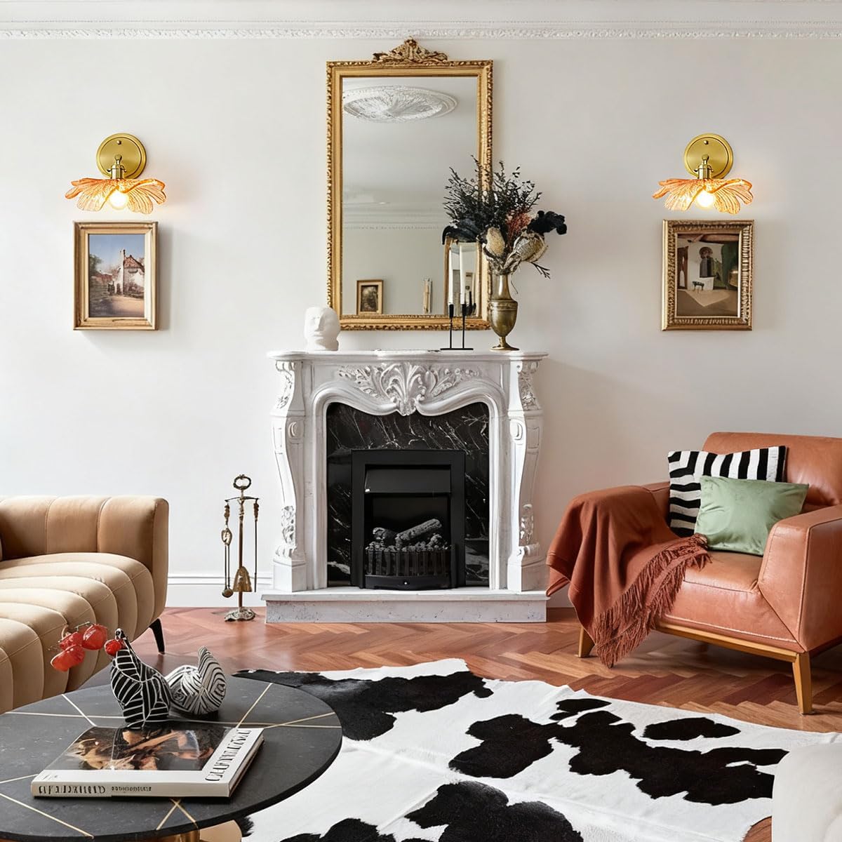 Unique Wall Light Set of 2 with Amber Glass Petals Over Mirror | Vintage Wall Sconce Set of 2 Bathroom Vanity Lights, flower Glass Shade ＆Gold Brass E26 Base, Easy to install, For Hallway