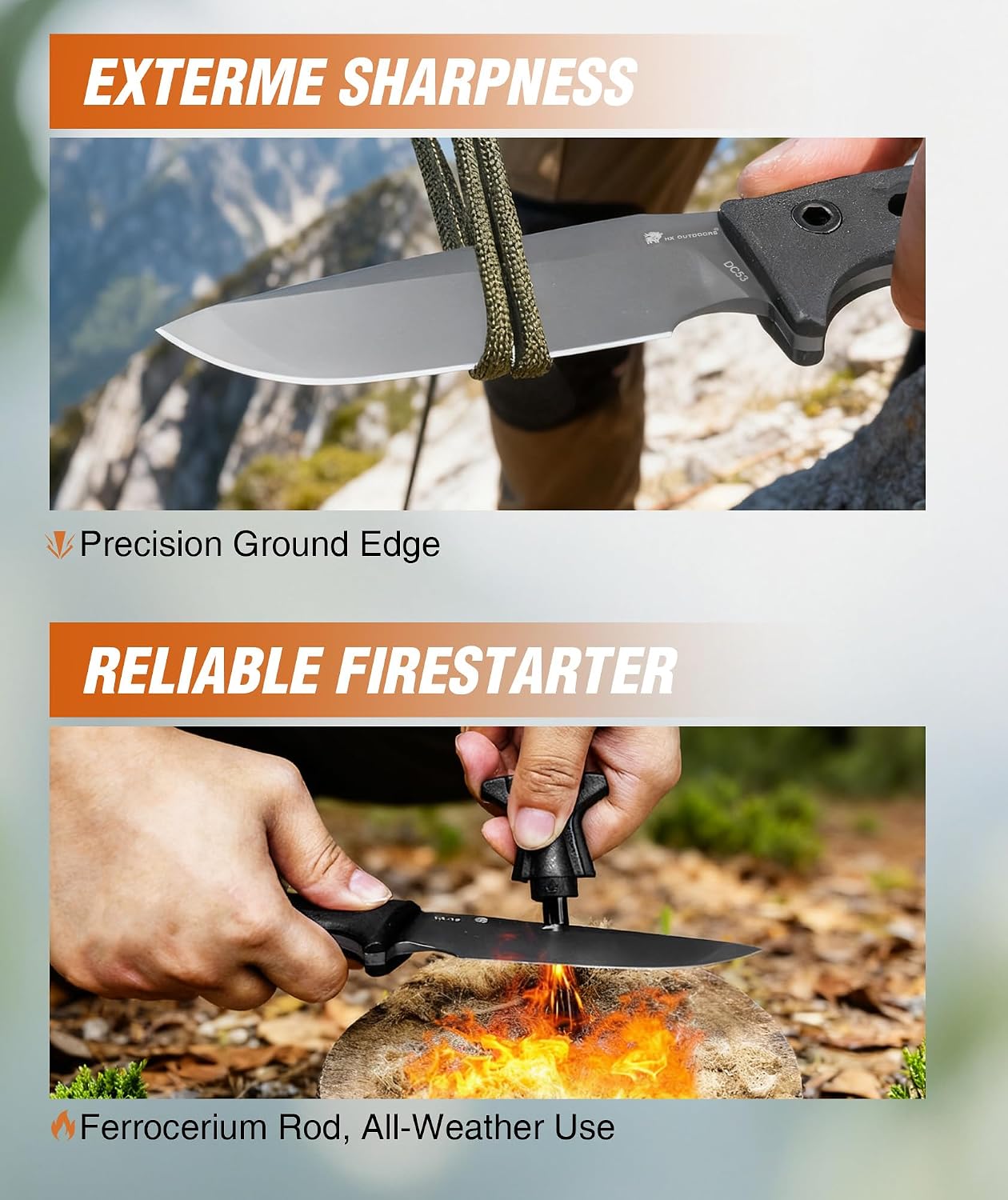 HX OUTDOORS Fixed Blade Camping Knife with Fire Starter, Premium DC53 Steel Full Tang Bushcraft Survival Knife with Kydex Sheath for EDC,Outdoor,Camping,Hiking（Black2