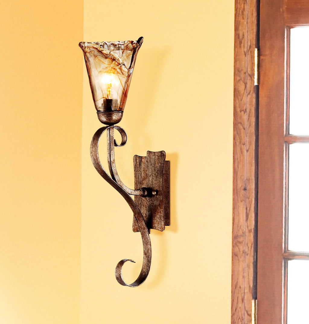Franklin Iron Works Amber Scroll Rustic Wall Sconce Lighting Golden Bronze Metal Hardwired 23 1/2' High Fixture Amber Art Glass Cottage Core Decor for Bedroom Bathroom Bedside Home (Colors May Vary)