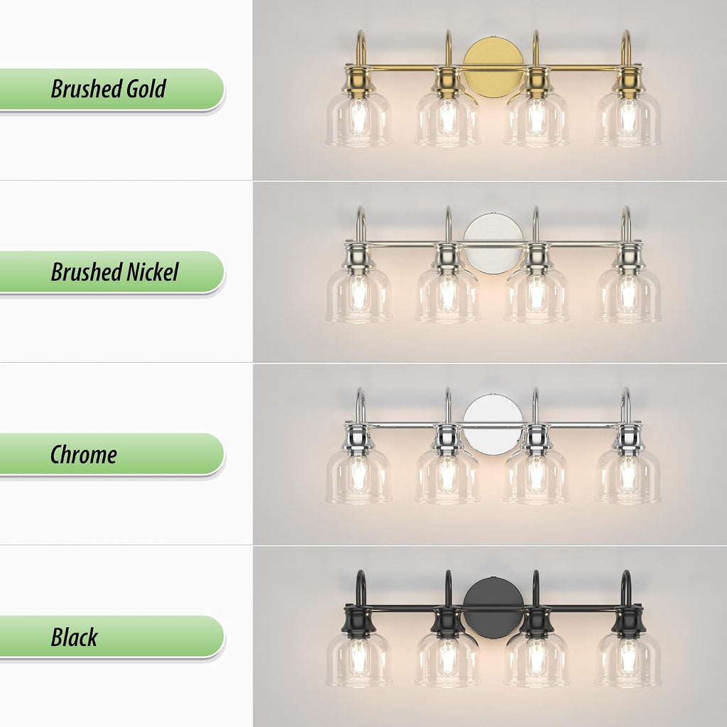 4 Lights Bathroom Vanity Light Fixtures, Chrome Traditional Classic Vanity Light with Clear Glass, Bathroom Lighting Fixtures Over Mirror