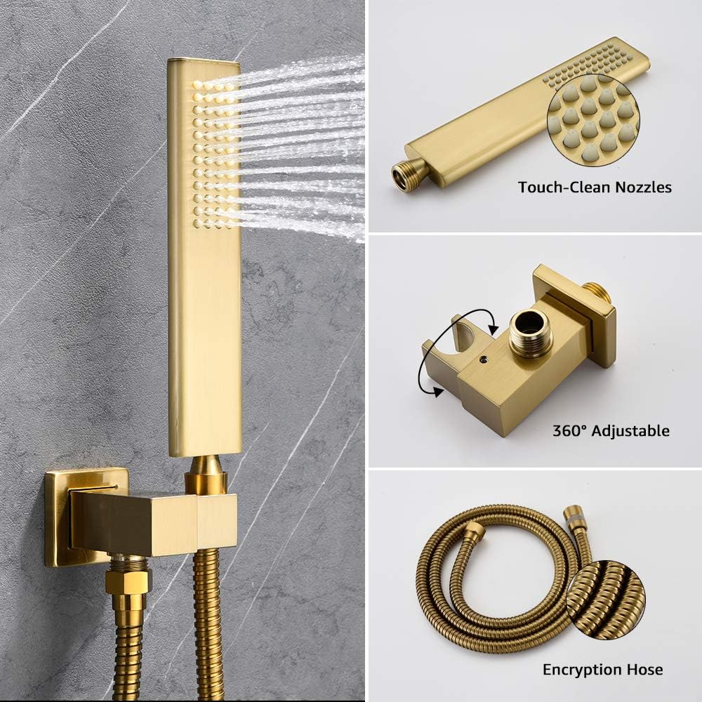 Iriber Brushed Gold Ceiling Mount Rain Shower System with 12 Inch Shower Head and Handheld Bathroom Golden Shower Set Contain Shower Faucet Mixer Trim Kit (Valve Cartridge Included)