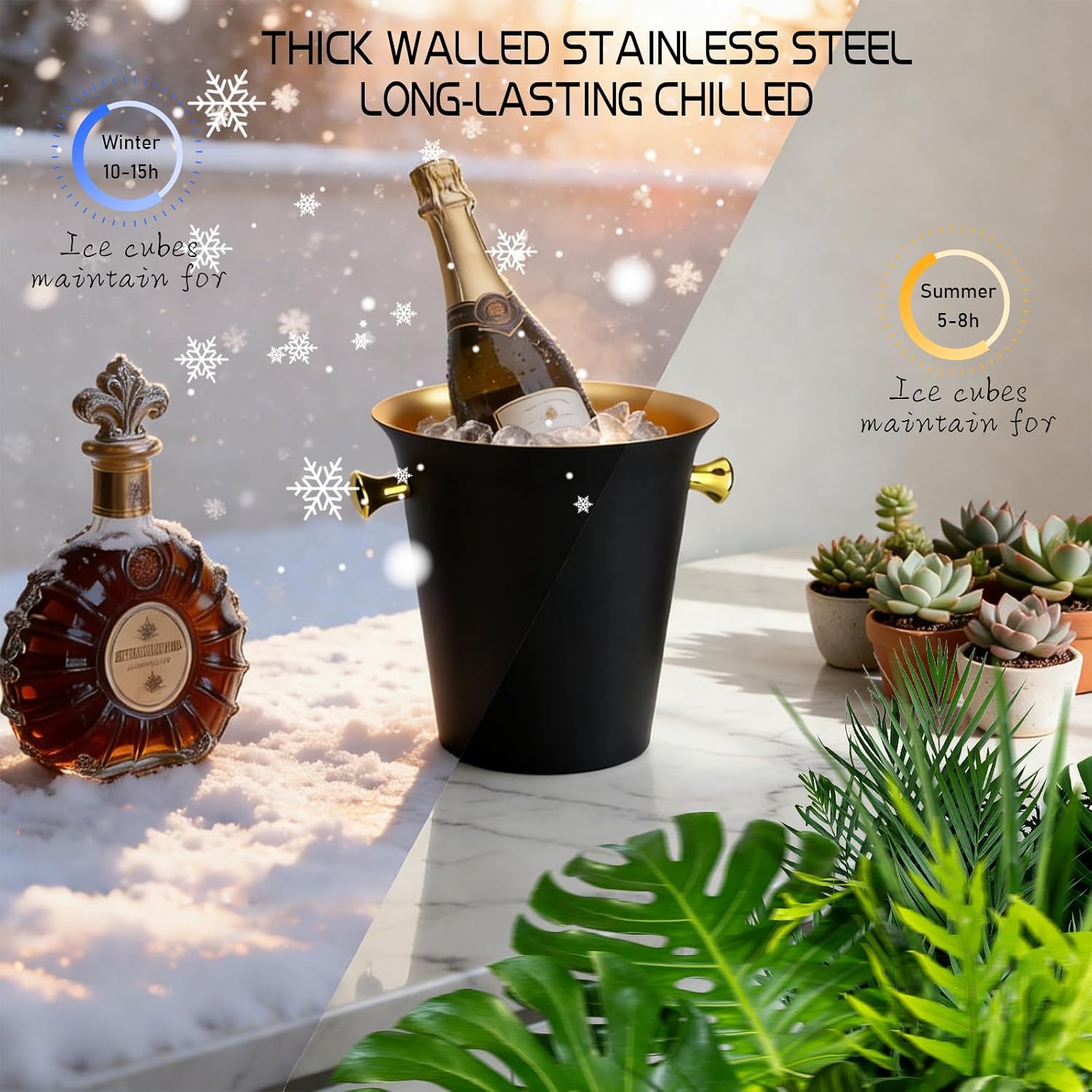 Ice Bucket with Stand Champagne Ice Bucket for Party Stainless Steel Stand Champagne Ice Bucket Wine Bucket for Beer Bar Wedding KTV Club Kitchen, Black 2 Pack (2 Packs)