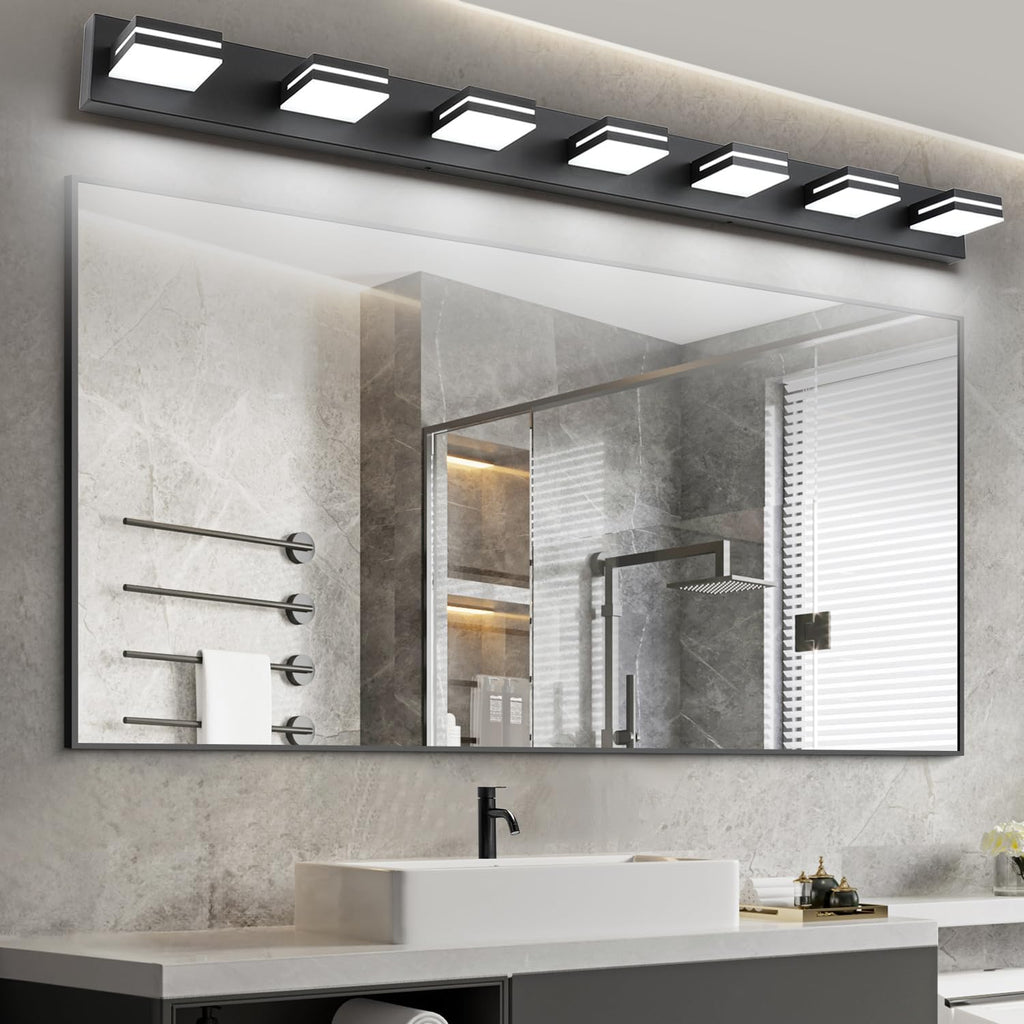 SineRise LED Modern Bathroom Vanity Light Fixtures (7-Light, 55-Inch), Matte Black Modern Acrylic Bathroom Wall Lighting Fixtures Over Mirror (Cool White 6000K)