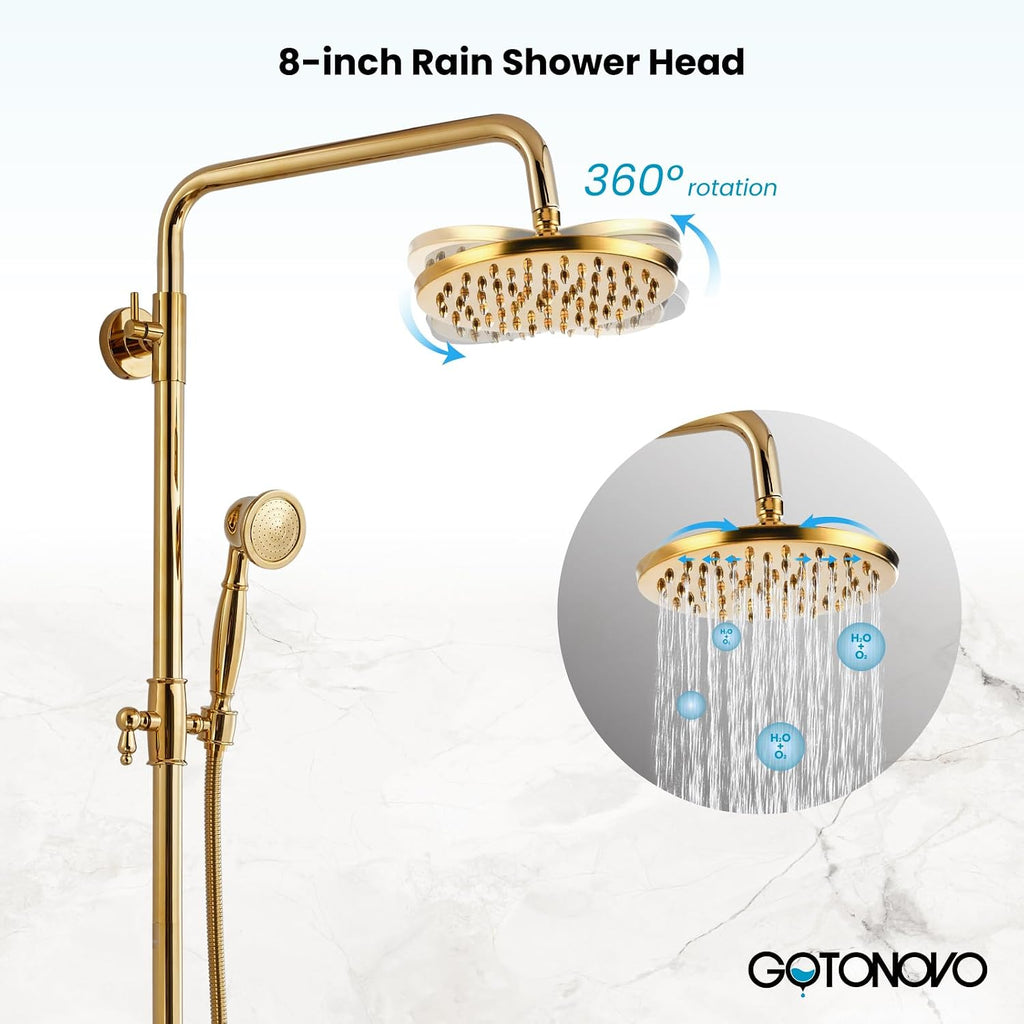 gotonovo Exposed Bathroom Shower Faucet Set Shower Fixture 8 Inch Rainfall Shower Head Handheld Shower Cross Handle Wall Mount 2 Functions Polished Gold
