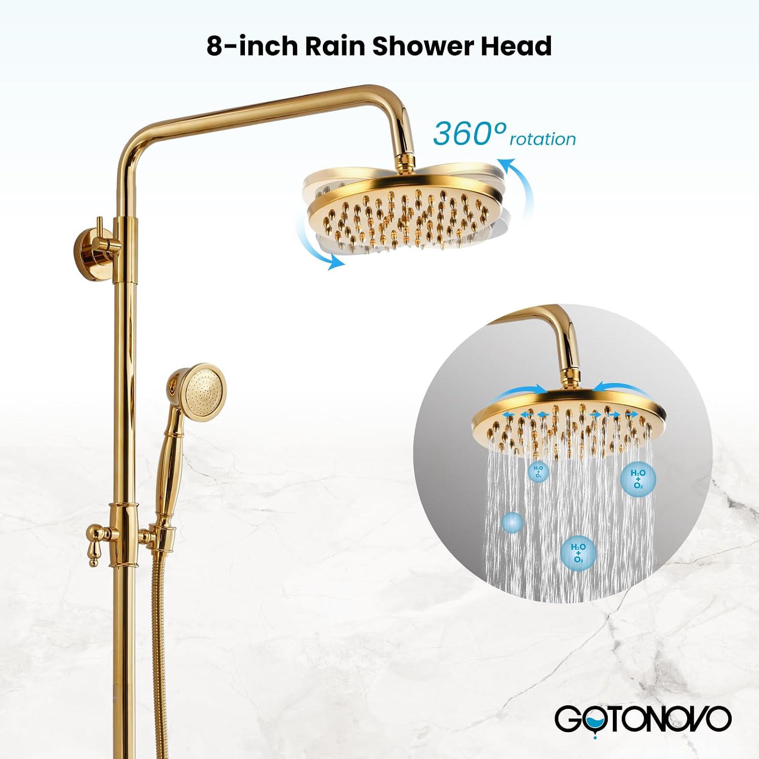 gotonovo Exposed Bathroom Shower Faucet Set Shower Fixture 8 Inch Rainfall Shower Head Handheld Shower Cross Handle Wall Mount 2 Functions Polished Gold
