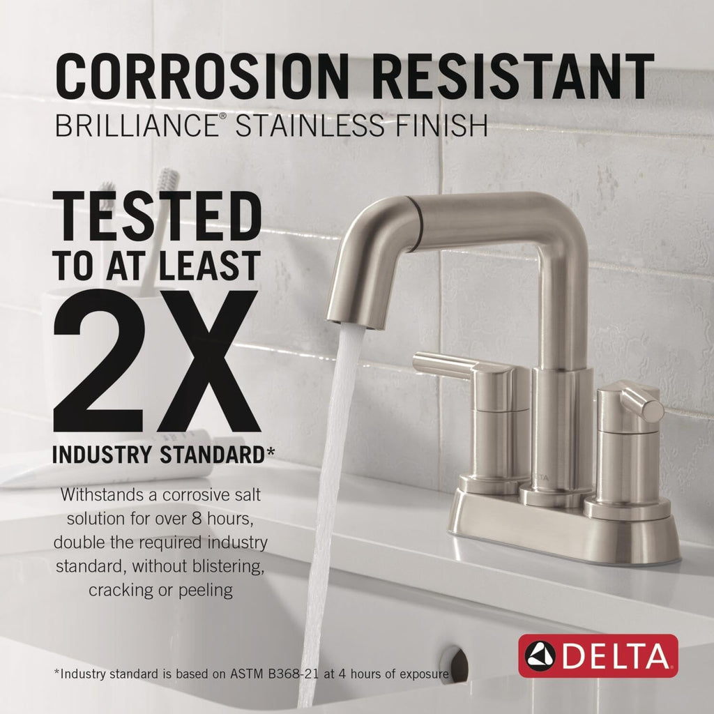 Delta Nicoli Centerset Brushed Nickel Bathroom Faucet with Sprayer, 4 Inch 3 Hole Bathroom Sink Faucet with Pull Out Sprayer, Push-Pop Drain, Stainless 25849LF-SSPD