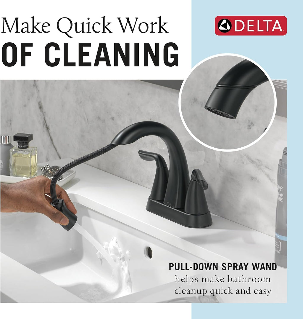 Delta Arvo Pull-Down Centerset Bathroom Faucet, Matte Black Bathroom Sink Faucet, Bathroom Faucet with Pull Out Sprayer, 3-Hole Bathroom Faucet, Matte Black 25840LF-BLPD