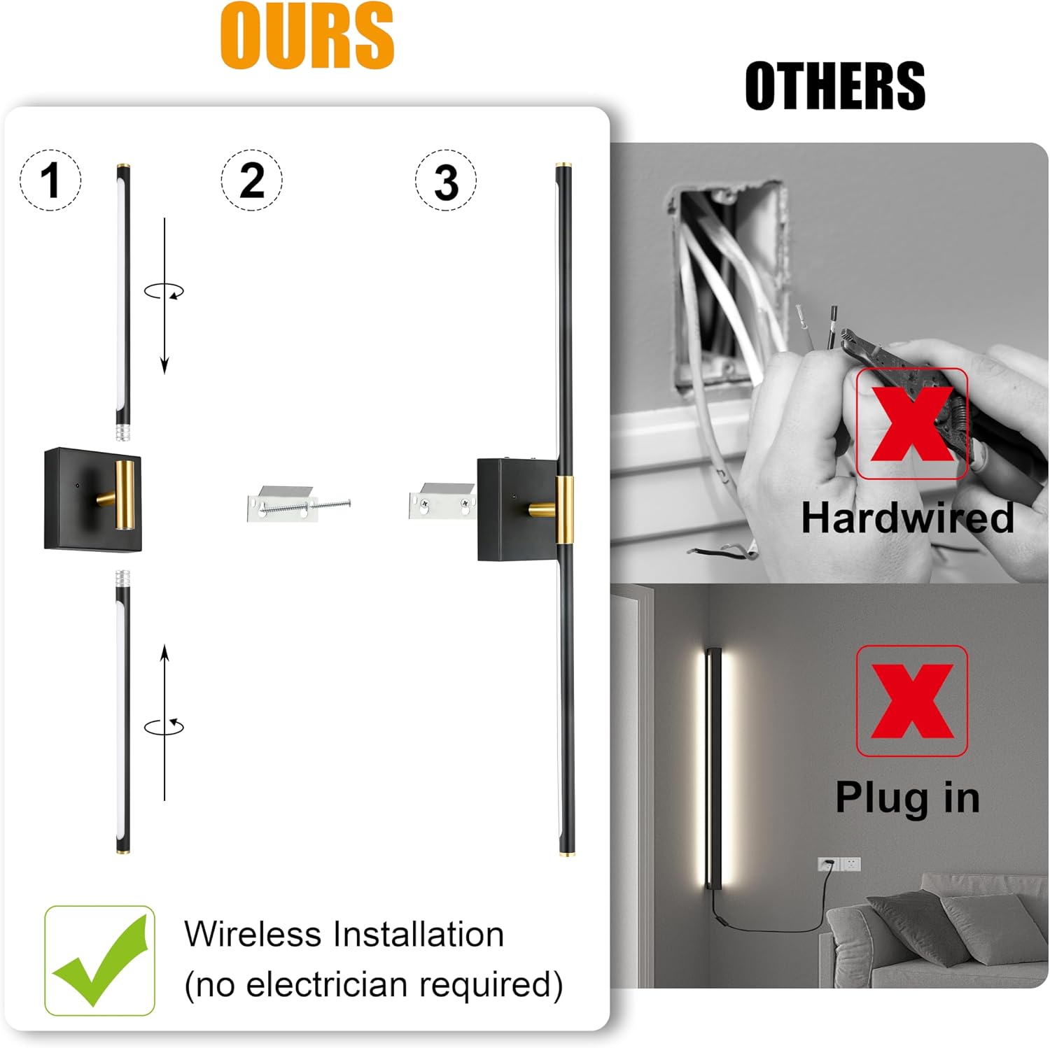 Morauroral 36 Inch Battery Operated Wall Sconces Set of 2, Dimmable Battery Wall Sconce with Remote Control, Black Gold LED Rechargeable Sconces, Modern Wireless Wall Lights for Bedroom, Living Room