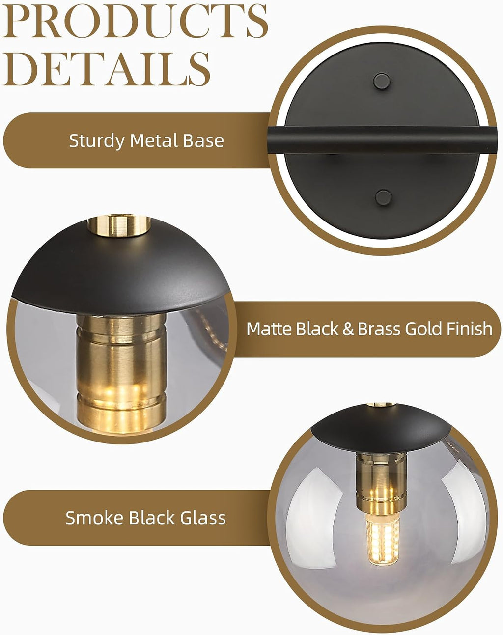 LMS 5-Light Matte Black Vanity Light, Modern Bathroom Lighting Over Mirror, Black and Brass Gold Finish with Globe Glass Shade, LMS-116-5