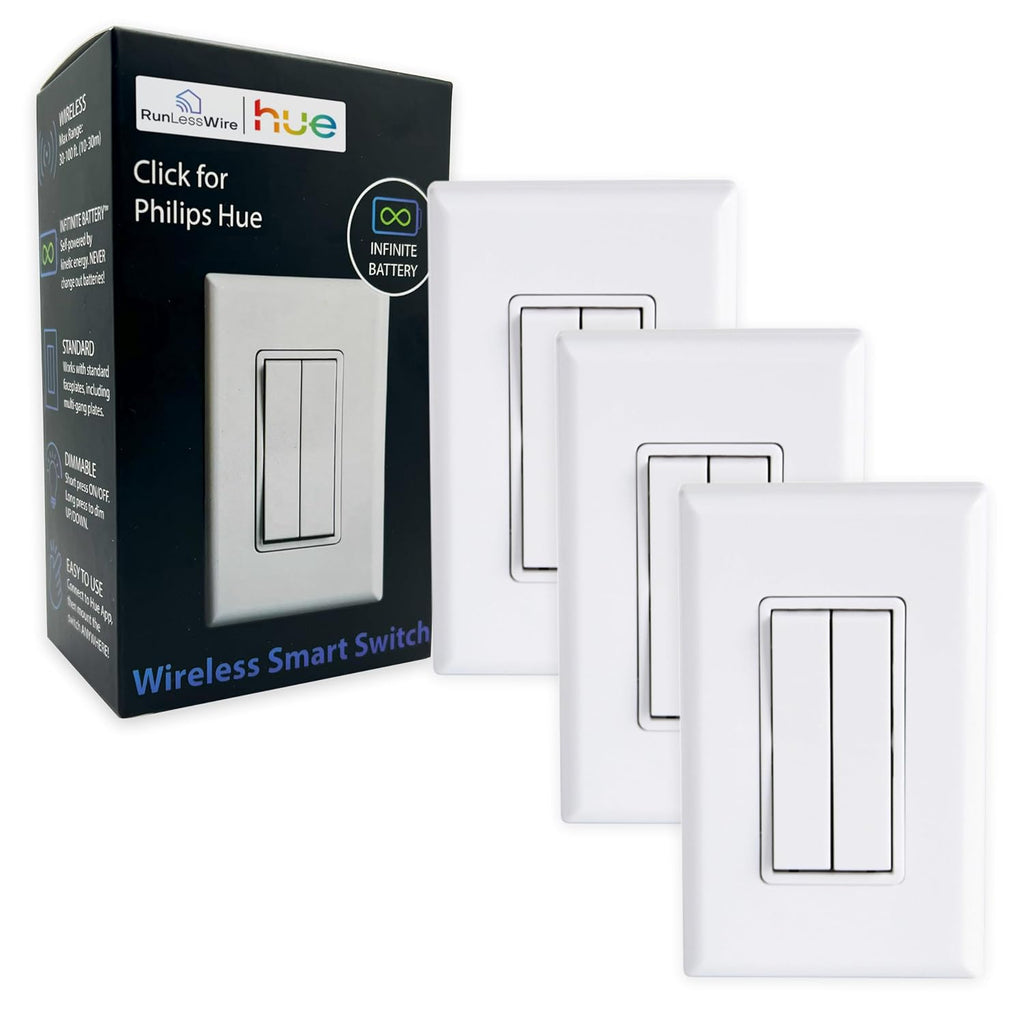 RunLessWire Click for Philips Hue – Battery-Free Wireless Smart Light Switch, 30ft Range – Works Natively with Philips Hue Bridge – Wall Mount Kinetic Switch - Decora Style, White 3 Pack