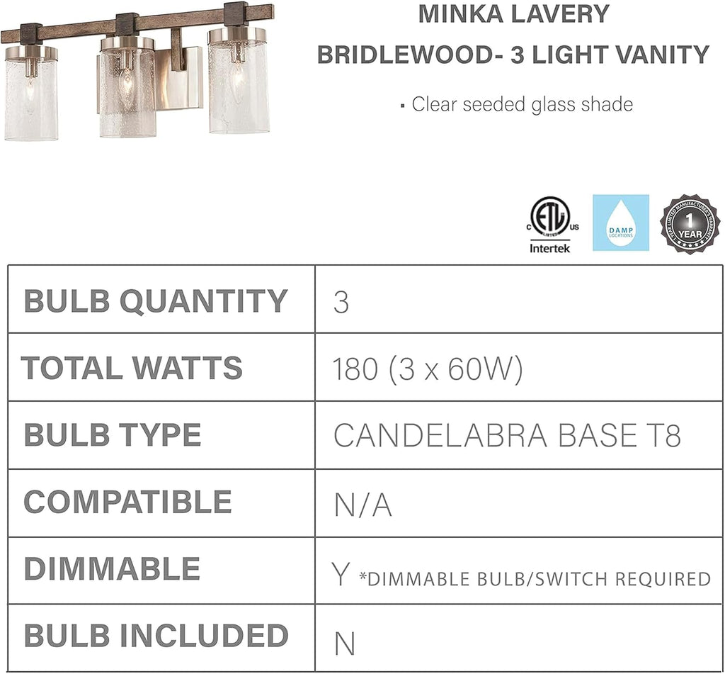 Minka Lavery 4633-106 Bridlewood Vanity Bath Light, 3-Light, 180 Total Watts, 22.5-in H x 8.75-in W, Stone Grey w/Brushed Nickel