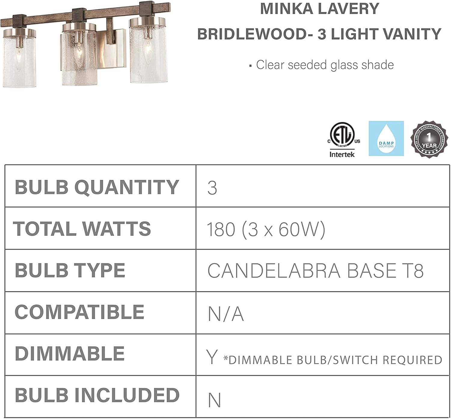 Minka Lavery 4633-106 Bridlewood Vanity Bath Light, 3-Light, 180 Total Watts, 22.5-in H x 8.75-in W, Stone Grey w/Brushed Nickel