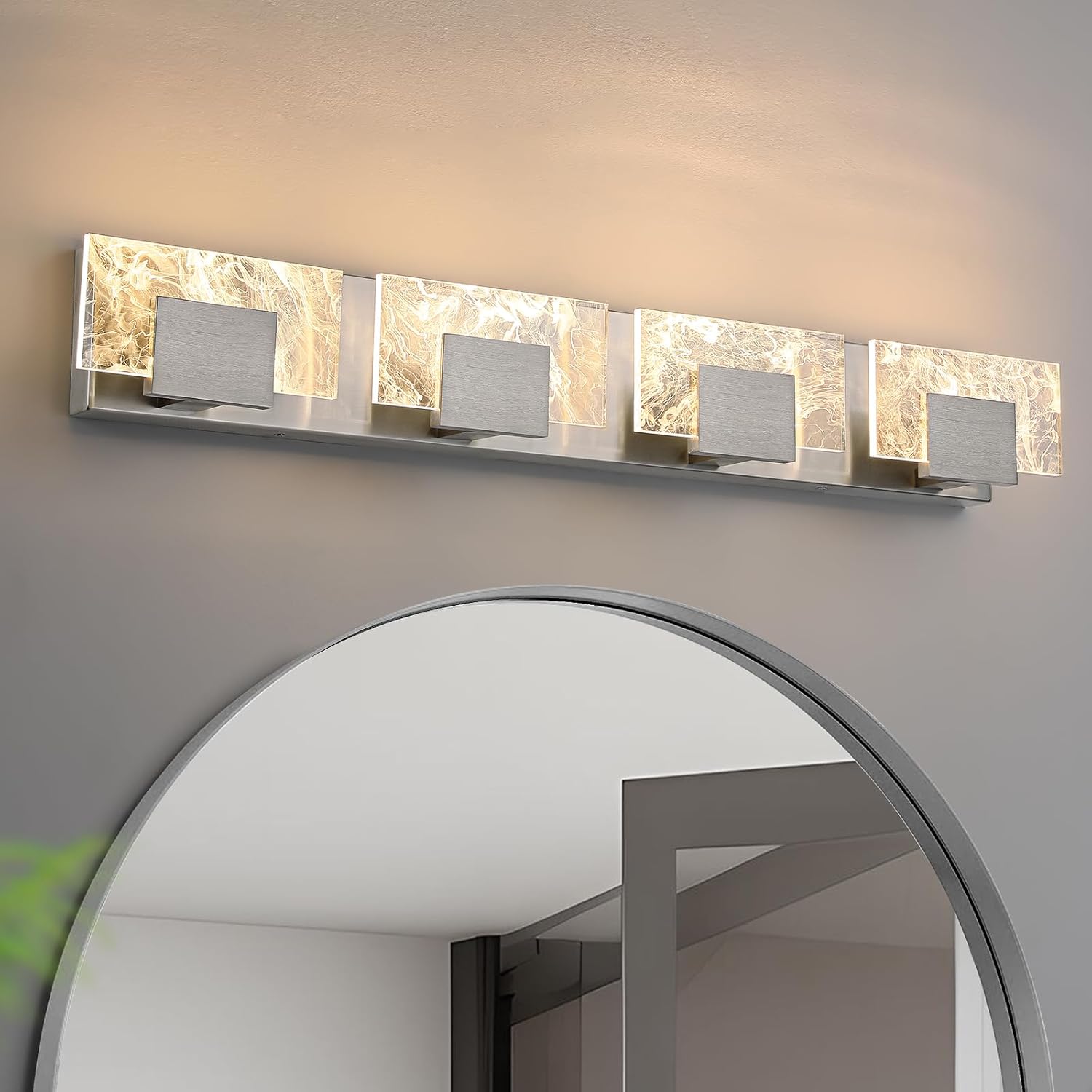 LED Bathroom Vanity Light: 32 Inch Brushed Nickel Acrylic Modern Lighting Fixtures - 4-Lights Contemporary Smoke Design Wall Lights Fixture Over Mirror 3000K