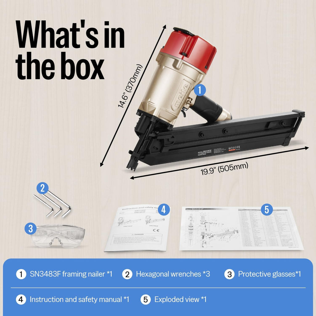 meite SN3483F 30 Degree Framing Nailer Pneumatic Nail Gun, Accepts 30-34 Degree 2' to 3-1/4' Paper Collated Framing Nails, Pro-grade Air-powered Framing Nail Gun Tools for Wall Studs Sheathing Decking