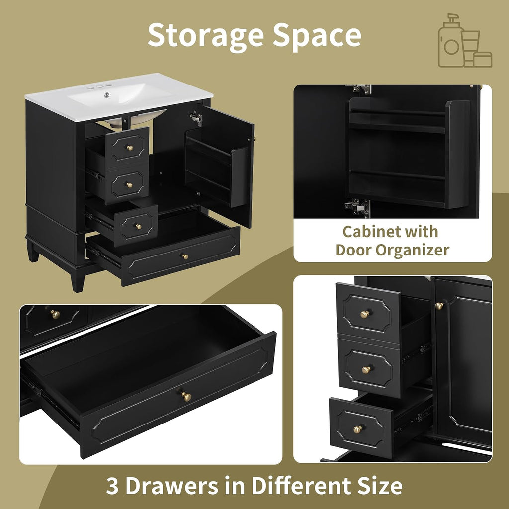 30' Bathroom Vanity with Sink, Harper & Bright Designs Free Standing Single Vanity Set with 3 Drawers and One Door with Storage Racks, Solid Wood Storage Cabinet with Ceramic Basin for Bathroom, Black
