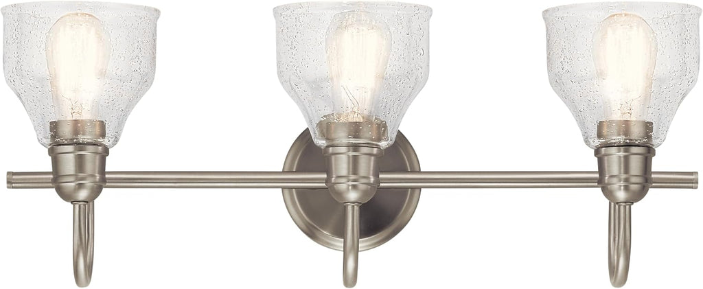 Kichler Avery 24' 3 Light Bathroom Vanity Light in Brushed Nickel, Vintage Bathroom Wall Mount Fixture with Clear Seeded Glass, (24' W x 9.25' H), 45973NI
