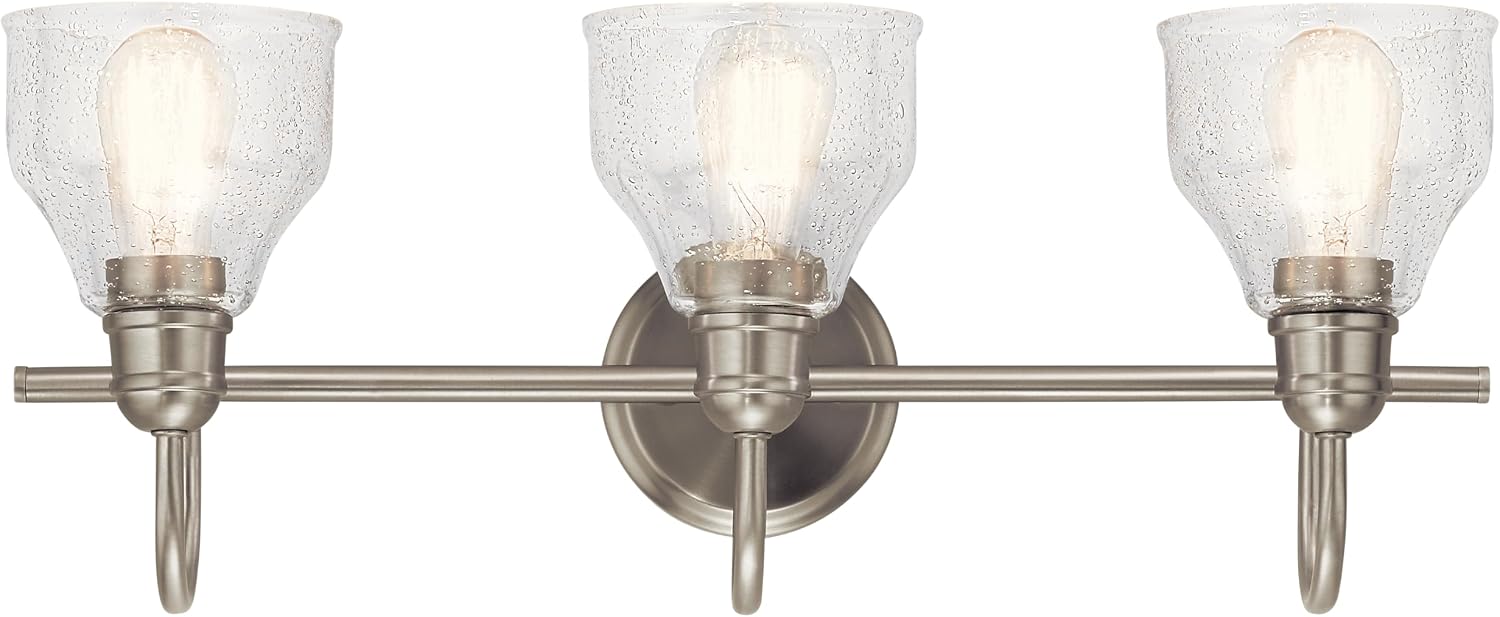 Kichler Avery 24' 3 Light Bathroom Vanity Light in Brushed Nickel, Vintage Bathroom Wall Mount Fixture with Clear Seeded Glass, (24' W x 9.25' H), 45973NI