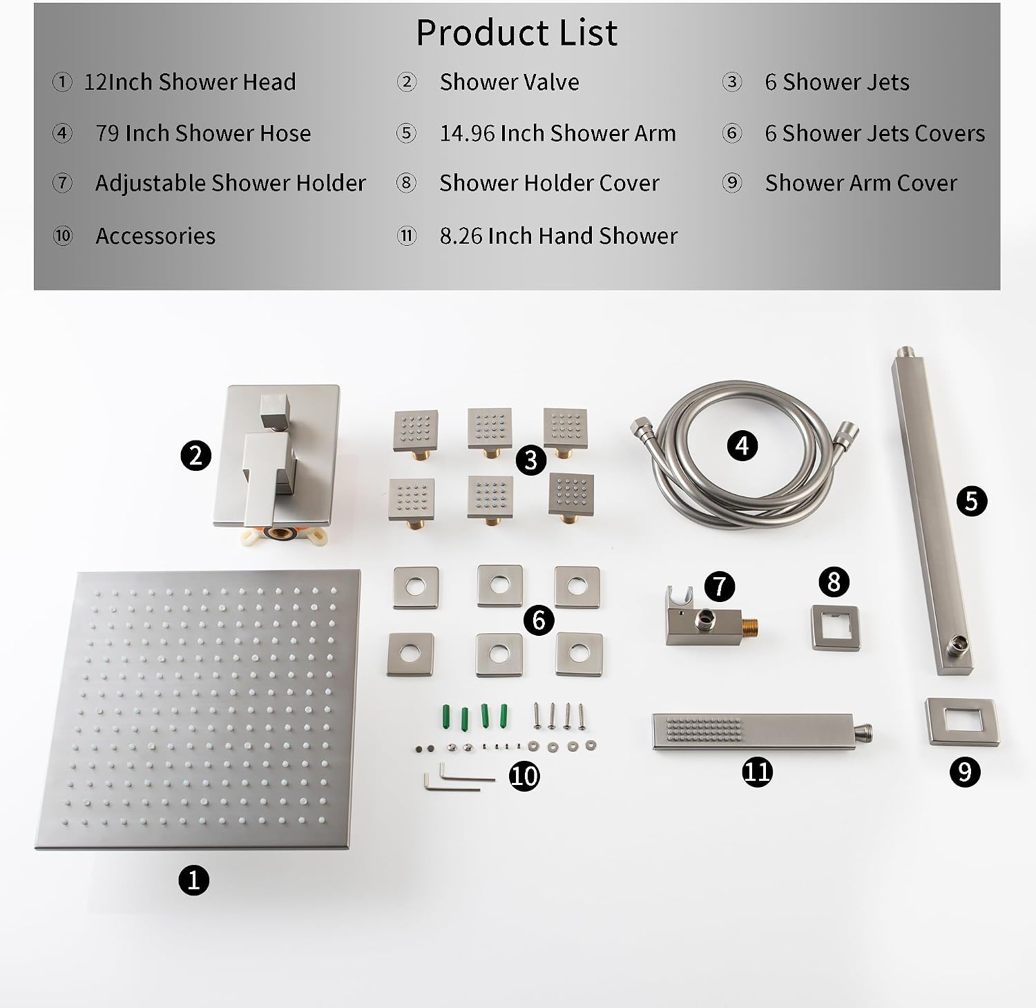 SKOWLL Shower System with 6 Body Jets, Wall Mounted 12 Inch LED Shower Head with Handheld, 3 Color Changing Shower Head High Pressure Shower Faucets Sets Complete, Brushed Nickel