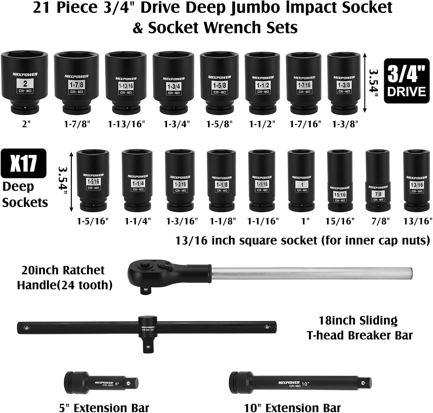 MIXPOWER 21 Pieces 3/4'' Drive Deep Jumbo Impact Socket Set,SAE(7/8''-2''),6 Point,Ratchet Wrench Adapters Extension Bars,CR-MO