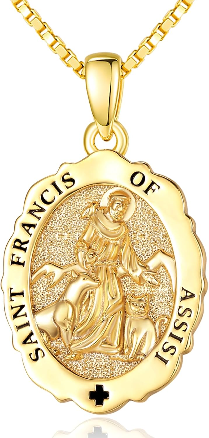 14K Gold Saint Medal Necklace for Women, Catholic Patron Saint Pendant Necklace, Christian Religious Jewelry Gift for Confirmation Baptism Communion Christmas Birthday