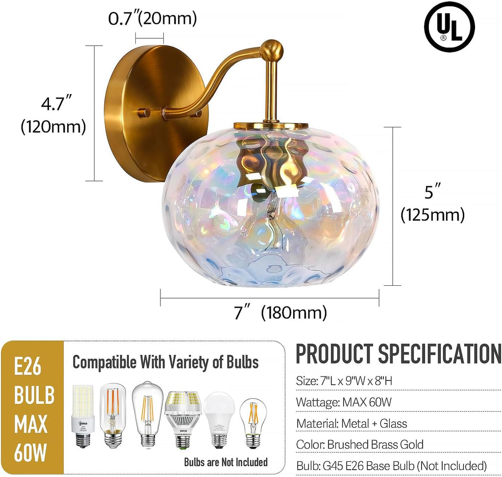 Brushed Gold Vanity Light Set of 2 Stained Hammered Glass Wall Sconce 1-Light Brass Wall Lamp for Hallway Living Room Stairwell Bathroom Over Mirror (Brass Gold, 1-Light)