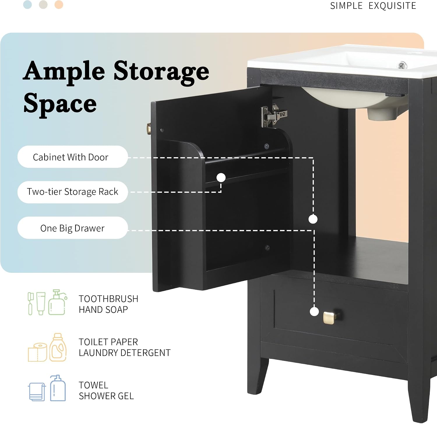 Bellemave 20-inch Solid Wood Bathroom Vanity with Sink, Free Standing Cabinet, Soft Closing Door, Storage Rack, Drawer, Black
