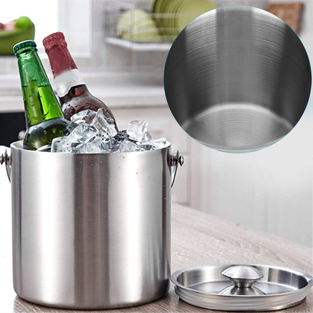 ice Bucket,Bucket with lid, Ice Buckets for Parties Stainless Steel Bucket, Insulated with Lid, with Lid Stainless Steel Double Layer Champagne Barrel Bar Supplies 2L