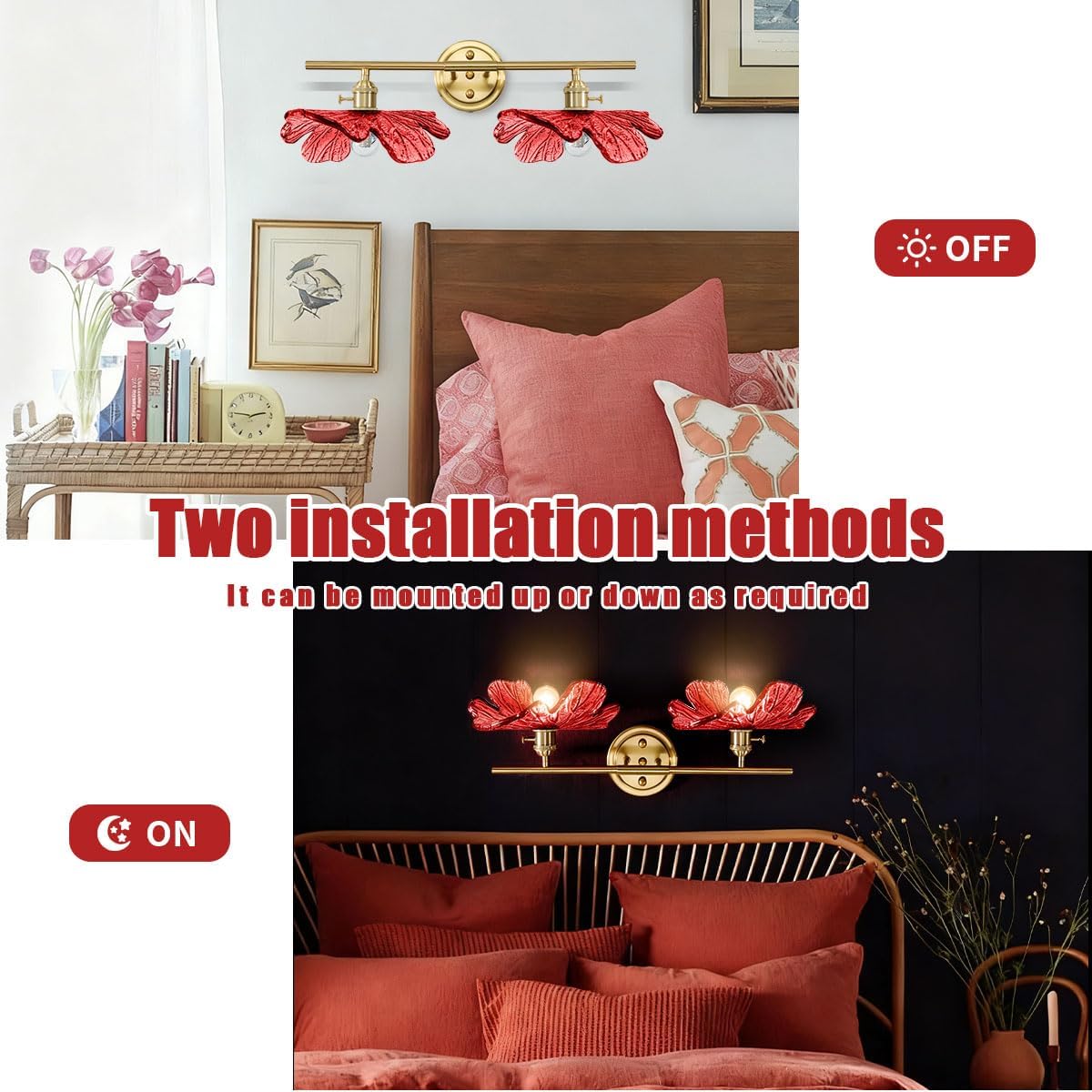2-Light Red Floral Wall Sconce Mid Century Antique Gold Bathroom Vanity Light with Metal Base, Wall Lighting Fixture Over Mirror for Living Room Bedroom Hallway