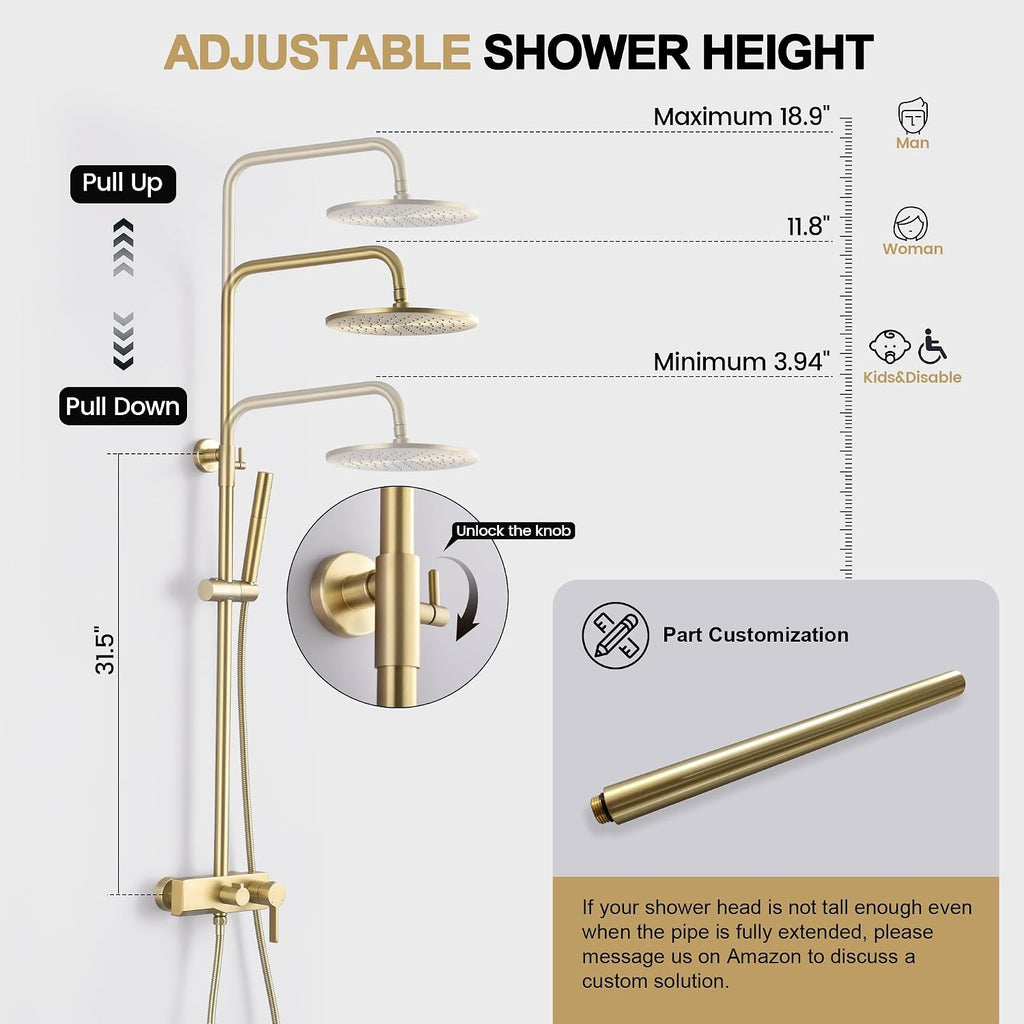 Brushed Gold Exposed Shower System with 2 Modes HandHeld,3 Functions Tub Shower Faucet Sets with Brass Valve, Shower Fixture with 10 Inches Rainfull Shower Head,Shower Height Adjustable