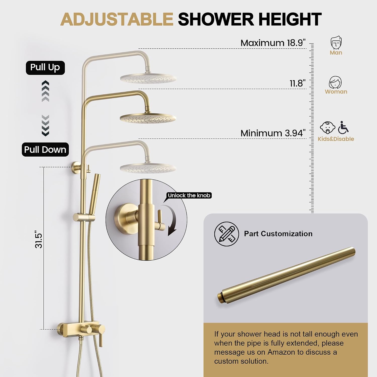 Brushed Gold Exposed Shower System with 2 Modes HandHeld,3 Functions Tub Shower Faucet Sets with Brass Valve, Shower Fixture with 10 Inches Rainfull Shower Head,Shower Height Adjustable