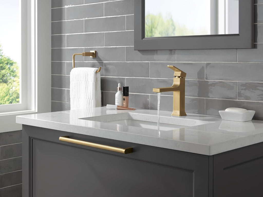 Delta Faucet Velum Single Hole Bathroom Faucet, Gold Bathroom Sink Faucet, Single Handle Bathroom Faucet, Bath Faucet, Pop-Up Drain Assembly, Champagne Bronze 537-CZMPU-DST