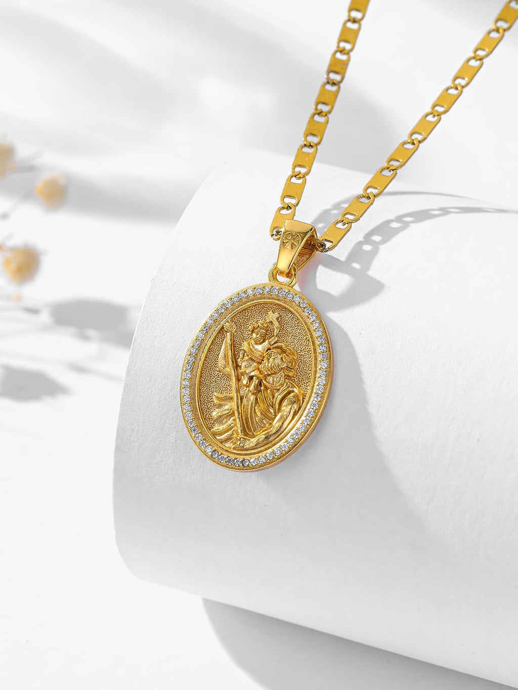 Patron Saint Medals, 14K Gold Catholic Pendant Necklaces, Personalized Christian Jewelry Religious Gifts for Women with 22'+2' Mariner Chain