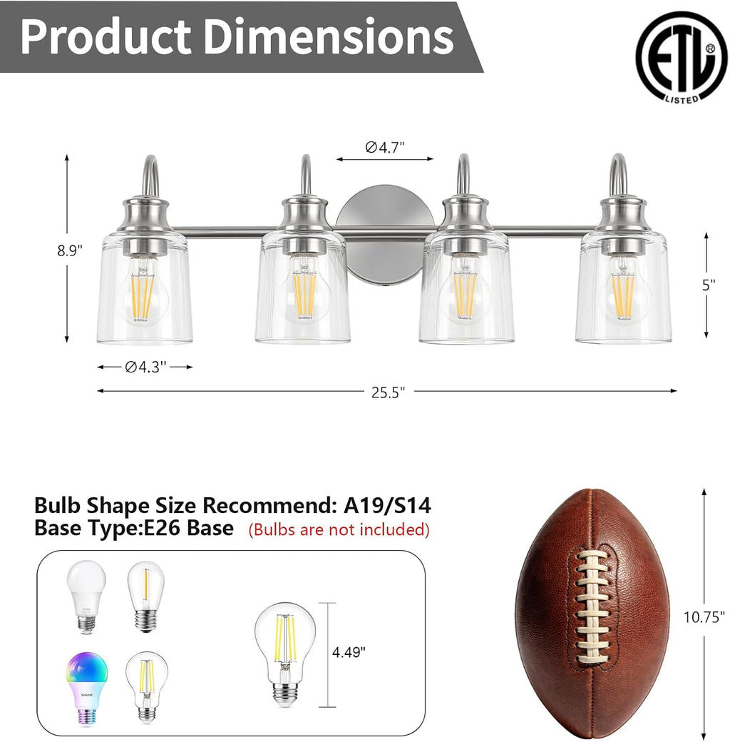 4 Lights Bathroom Light Fixtures Modern Brushed Nickel Vanity Lights for Bathroom Lighting Fixtures Over Mirror with Clear Glass Shade for Cabinet Mirror Bedroom Hallway