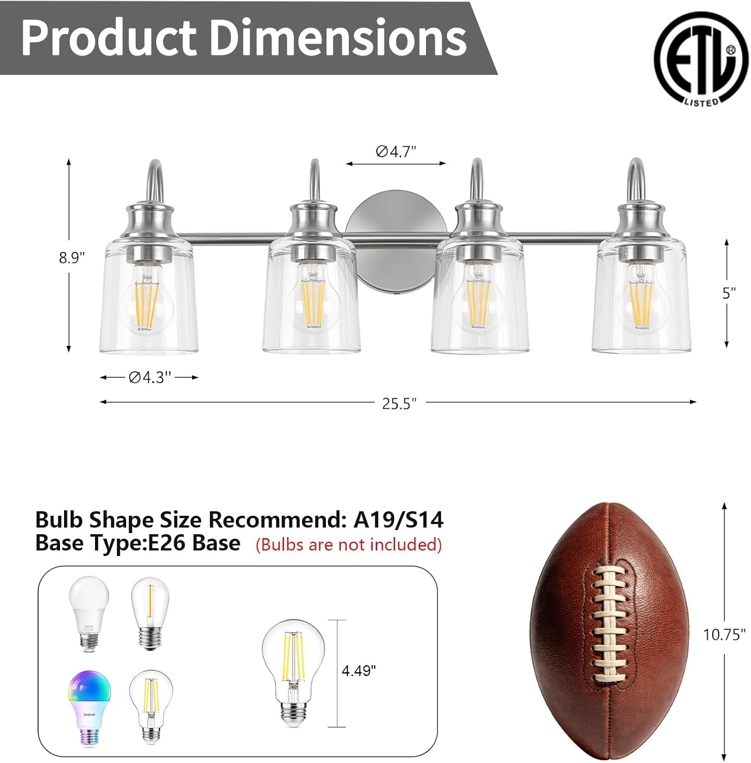 4 Lights Bathroom Light Fixtures Modern Brushed Nickel Vanity Lights for Bathroom Lighting Fixtures Over Mirror with Clear Glass Shade for Cabinet Mirror Bedroom Hallway