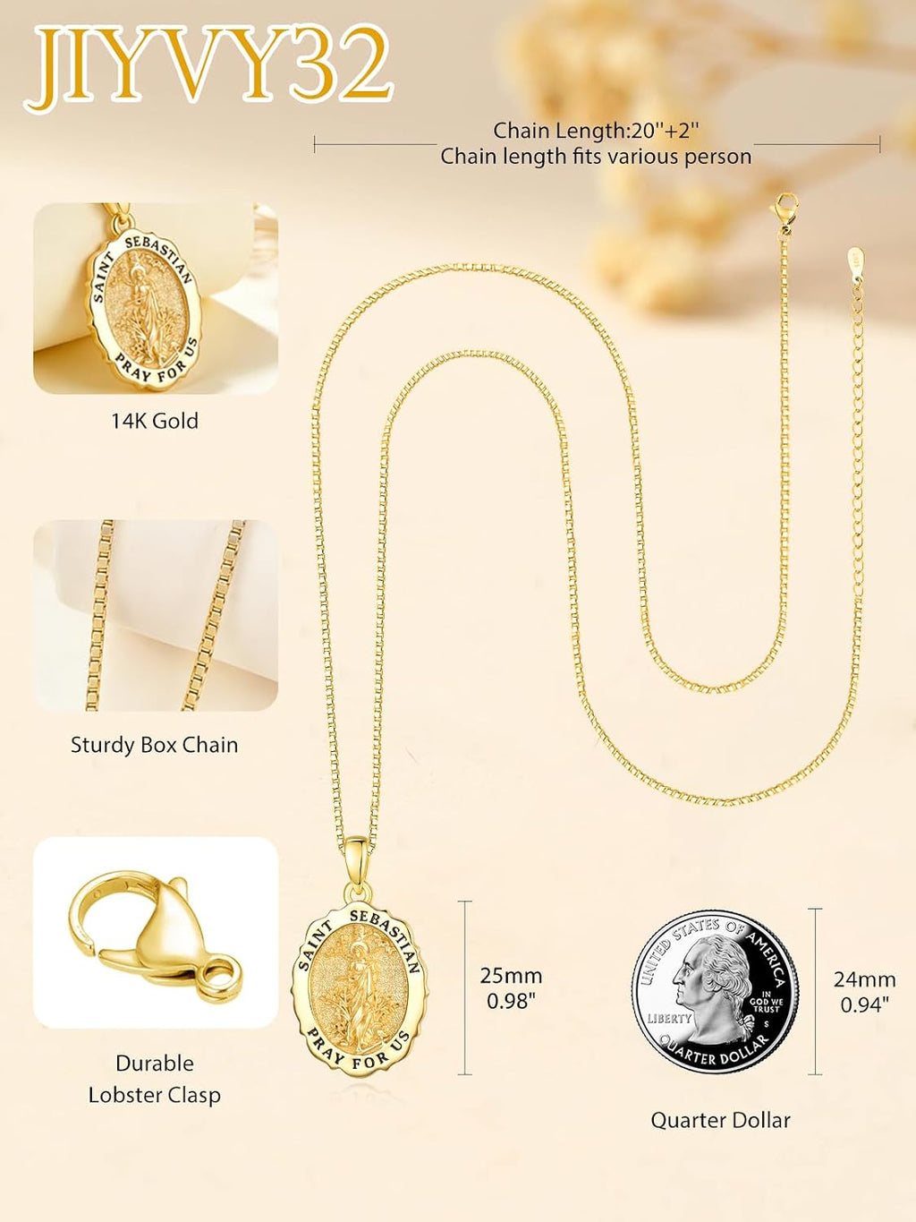 14K Gold Saint Medal Necklace for Women, Catholic Patron Saint Pendant Necklace, Christian Religious Jewelry Gift for Confirmation Baptism Communion Christmas Birthday