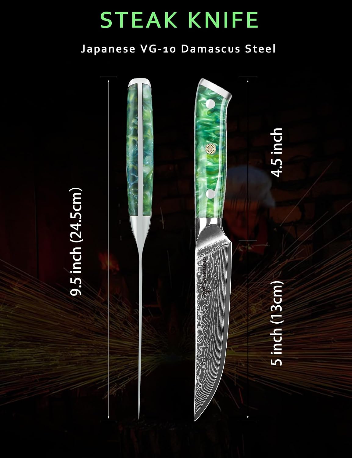 Steak Knives Set of 4, Ultra Sharp Non Serrated Kitchen Steak Knife 5 Inch - Damascus Steel & Resin Handle - Xuan Series(Jade Green)