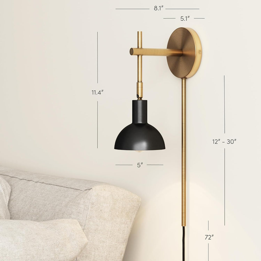 Nathan James Tamlin Wall Light Fixture, Wall Mounted 1-Light Lamp, Plugin Sconce with On/Off Switch for Living Room, Reading Nook or Bedroom, Vintage Brass/Matte Black, Set of 2