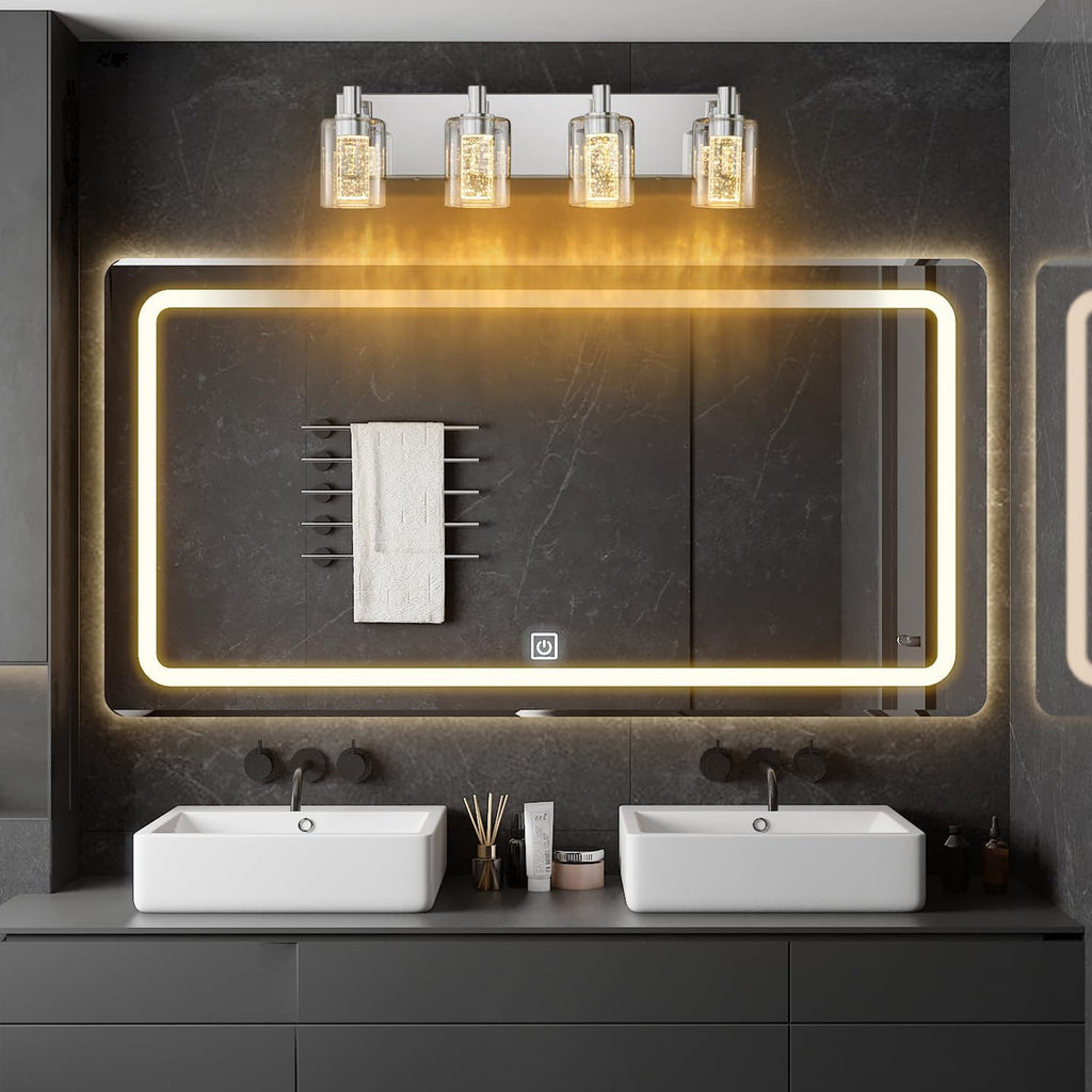 SineRise Vanity Light with 3 Color Modes (3000K/4000K/6000K), Eye Protection LED Bathroom Light Fixture, Dimmable Modern Wall Light Over Mirror with Clear Glass Shade (Chrome, 4-Light)