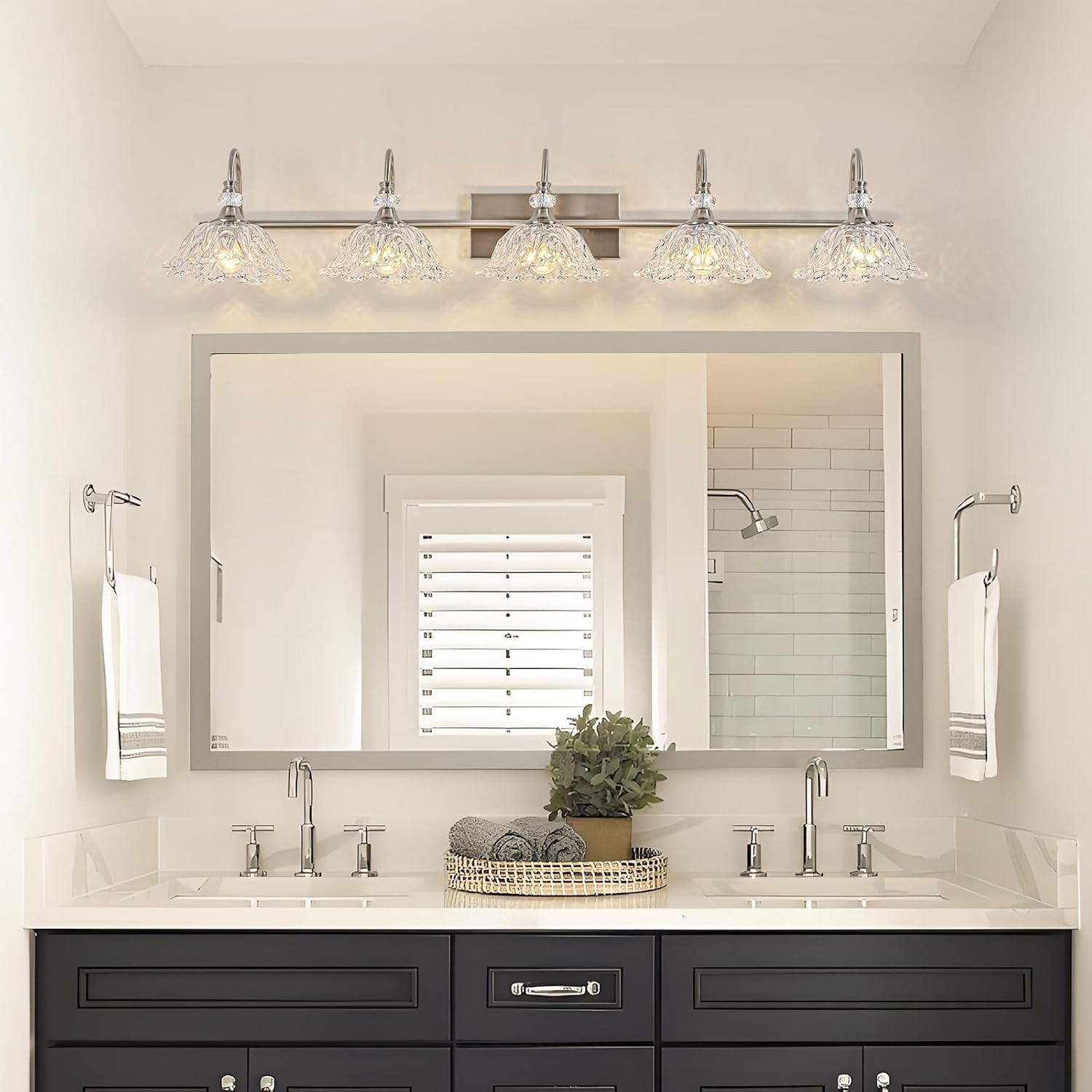 Brushed Nickel 5-Light Bathroom Vanity Light with Floral Clear Glass Shades, Brushed Nickel Wall Mount Lighting for Bathroom, Dressing Table
