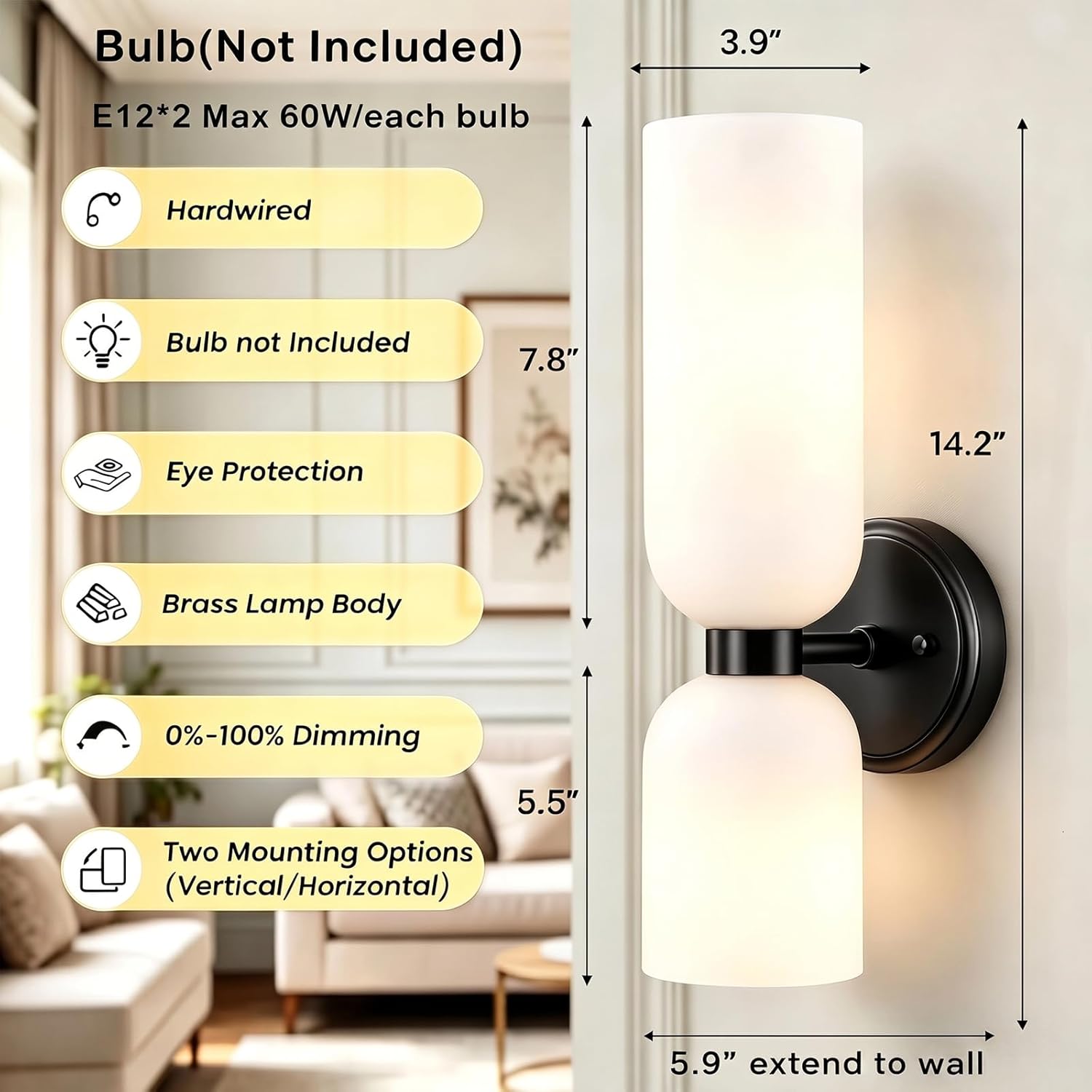 DEYNITE Black Wall Sconces Set of 2 Modern Farmhouse 2-Light Wall Light Bathroom Vanity Light,Milky White Glass Light for Bedroom, Living Room, Kitchen